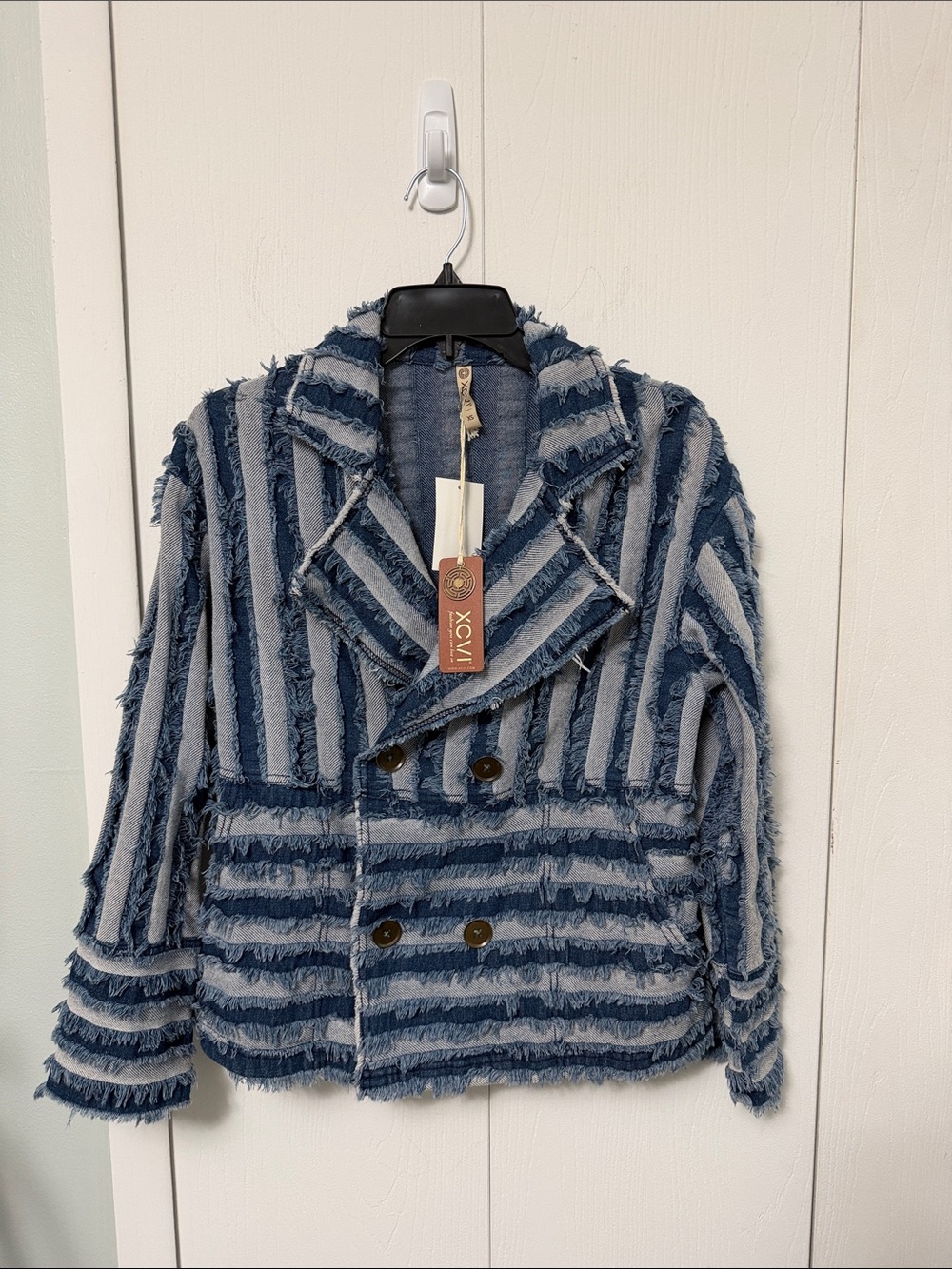 XCVI Fringed Striped Double-Breasted Denim Jacket in Blue